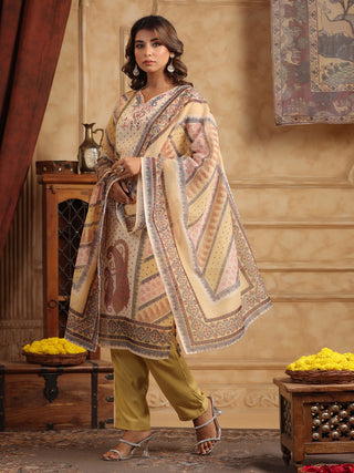 Printed Beads and Stones Straight Kurta with Trousers & Dupatta