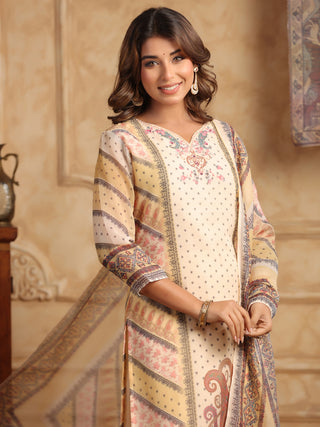 Printed Beads and Stones Straight Kurta with Trousers & Dupatta