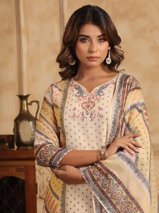 Printed Beads and Stones Straight Kurta with Trousers & Dupatta