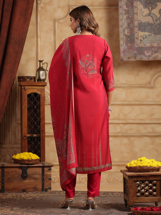 Ethnic Motifs Printed Round Neck Straight Kurta With Trousers & Dupatta