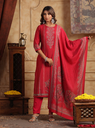 Ethnic Motifs Printed Round Neck Straight Kurta With Trousers & Dupatta