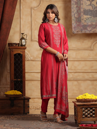 Ethnic Motifs Printed Round Neck Straight Kurta With Trousers & Dupatta