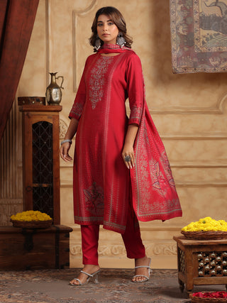 Ethnic Motifs Printed Round Neck Straight Kurta With Trousers & Dupatta