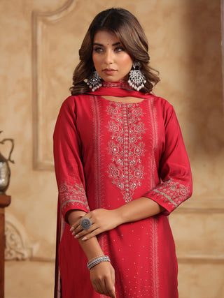 Ethnic Motifs Printed Round Neck Straight Kurta With Trousers & Dupatta