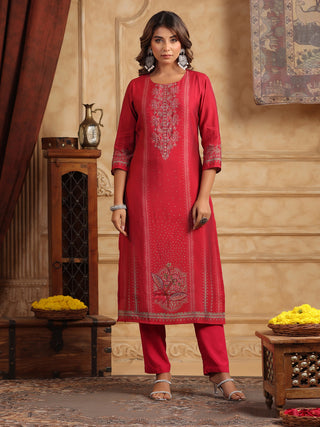 Ethnic Motifs Printed Round Neck Straight Kurta With Trousers & Dupatta