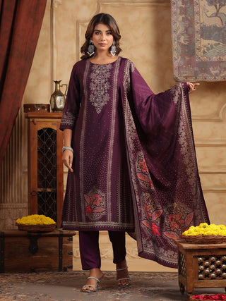 Printed Beads and Stones Straight Kurta with Trousers & Dupatta