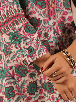 Green Floral Print Cotton Mandarin Collar Top
