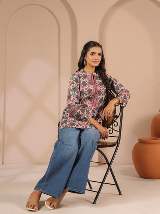 Green Floral Print Cotton Mandarin Collar Top