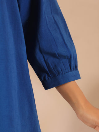 Blue cotton solid shirt style tunic cord set with matching tousers