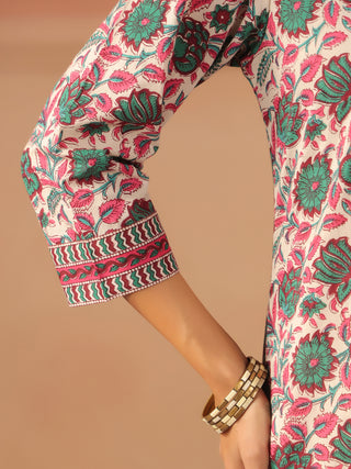 Green Floral Print Cotton Straight Kurta