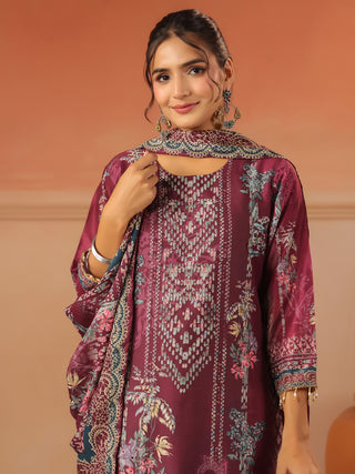 Wine panel printed silk blend kurta set with solid trousers and printed dupatta