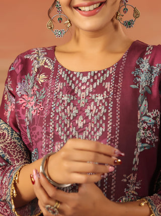 Wine panel printed silk blend kurta set with solid trousers and printed dupatta
