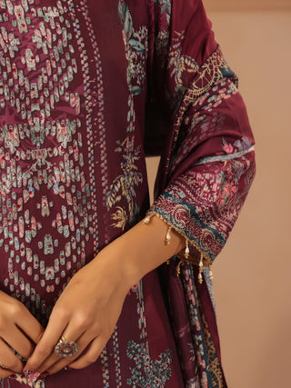 Wine panel printed silk blend kurta set with solid trousers and printed dupatta