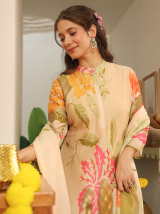 Cream Floral Straight Kurta Set with Pant Pocket