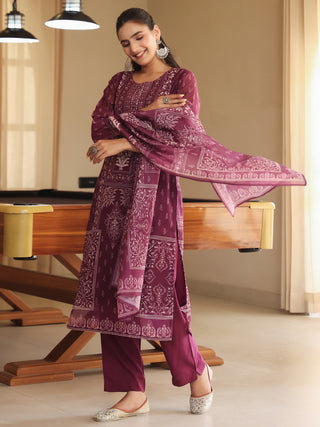 Wine Ethnic Motif Print 3-Piece Straight Kurta Set