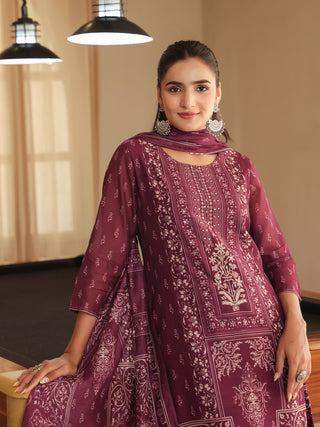 Wine Ethnic Motif Print 3-Piece Straight Kurta Set