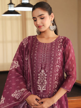 Wine Ethnic Motif Print 3-Piece Straight Kurta Set