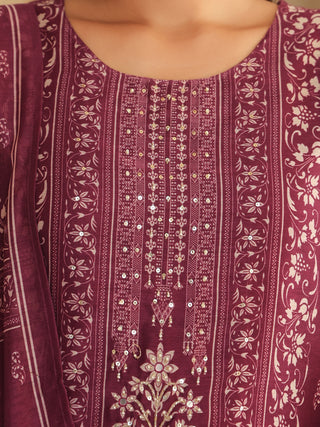 Wine Ethnic Motif Print 3-Piece Straight Kurta Set