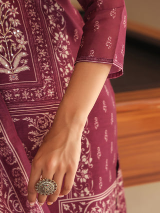 Wine Ethnic Motif Print 3-Piece Straight Kurta Set