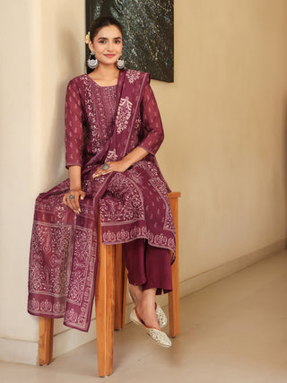 Wine Ethnic Motif Print 3-Piece Straight Kurta Set
