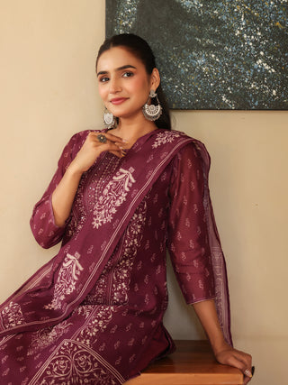 Wine Ethnic Motif Print 3-Piece Straight Kurta Set