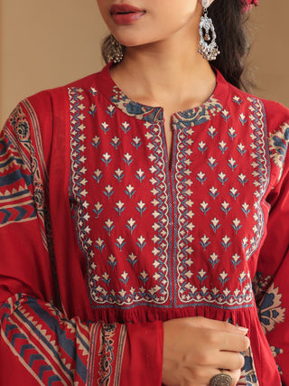 Women Ethnic Motifs Printed Regular Thread Work Pure Cotton Kurta with Trousers & With Dupatta (Copy)