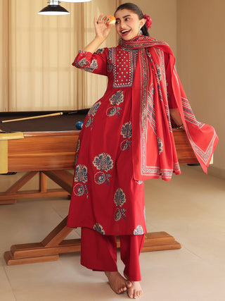 Women Ethnic Motifs Printed Regular Thread Work Pure Cotton Kurta with Trousers & With Dupatta (Copy)