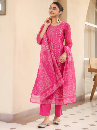 Pink Ethnic Motif Print 3-Piece Straight Kurta Set
