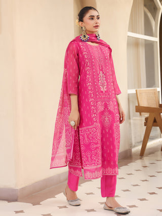 Pink Ethnic Motif Print 3-Piece Straight Kurta Set