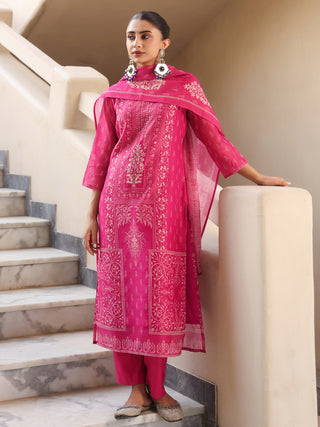 Pink Ethnic Motif Print 3-Piece Straight Kurta Set