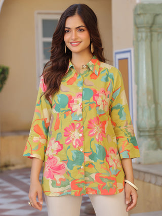 Women Abstract Printed Roll-Up Sleeves Shirt Style Cotton Regular Top