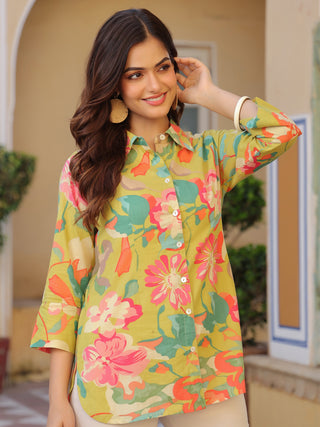 Women Abstract Printed Roll-Up Sleeves Shirt Style Cotton Regular Top