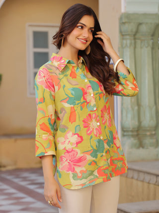 Women Abstract Printed Roll-Up Sleeves Shirt Style Cotton Regular Top