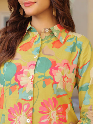 Women Abstract Printed Roll-Up Sleeves Shirt Style Cotton Regular Top