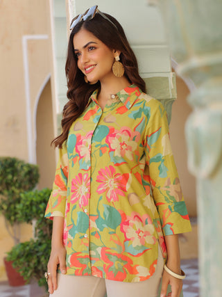 Women Abstract Printed Roll-Up Sleeves Shirt Style Cotton Regular Top