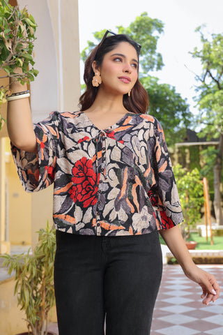 Floral Print Extended Sleeves Kaftan Top