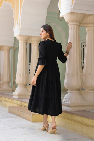 Women Pure Cotton Ruffle-Detail V-Neck Fit & Flare Midi Dress