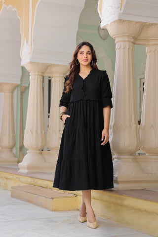 Women Pure Cotton Ruffle-Detail V-Neck Fit & Flare Midi Dress