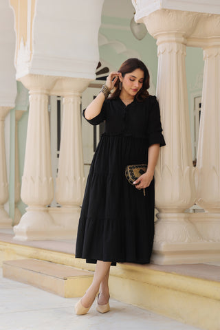 Women Pure Cotton Ruffle-Detail V-Neck Fit & Flare Midi Dress