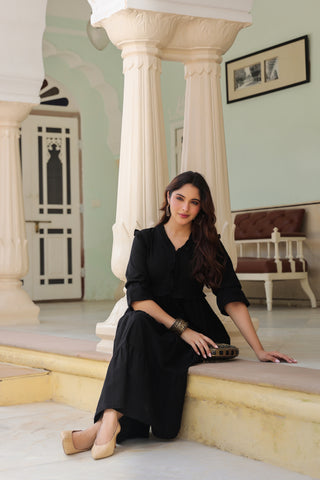 Women Pure Cotton Ruffle-Detail V-Neck Fit & Flare Midi Dress