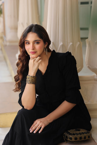 Women Pure Cotton Ruffle-Detail V-Neck Fit & Flare Midi Dress