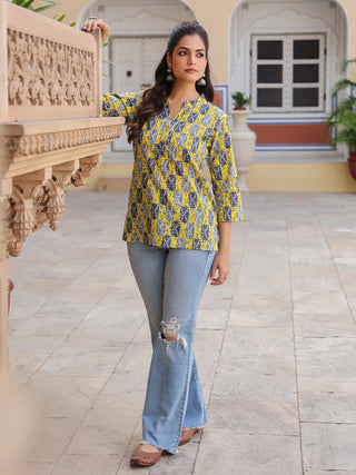 Print Mandarin Collar Cotton Top