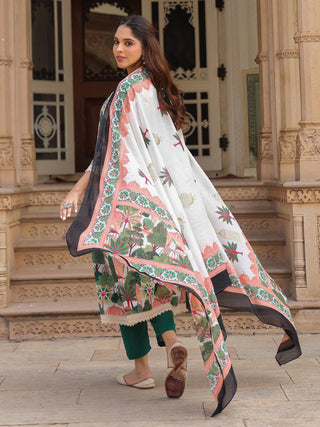 Women Floral Printed Cotton Anarkali Kurta with Trousers & Dupatta
