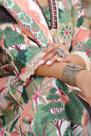 Women Floral Printed Cotton Anarkali Kurta with Trousers & Dupatta