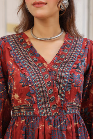Printed V-Neck Fit and Flare Ethnic Dresses