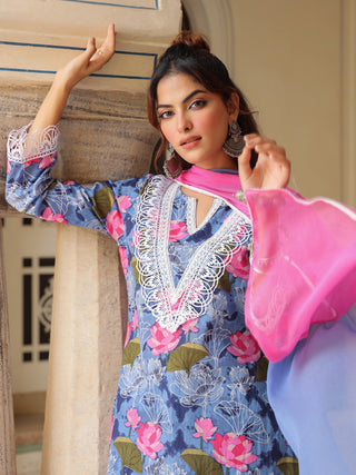 Blue Floral Print Lace 3-Piece Kurta Set