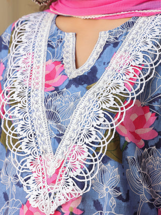 Blue Floral Print Lace 3-Piece Kurta Set