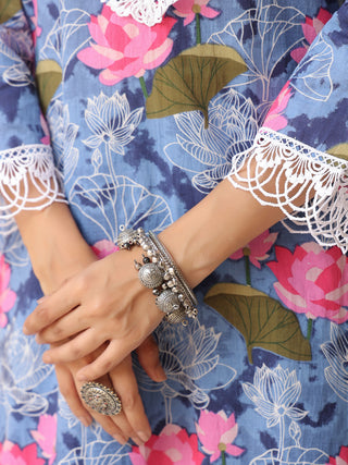 Blue Floral Print Lace 3-Piece Kurta Set