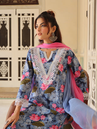 Blue Floral Print Lace 3-Piece Kurta Set