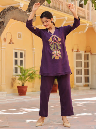 Floral-Embroidered Cotton Tunic With Trouser Co-Ords